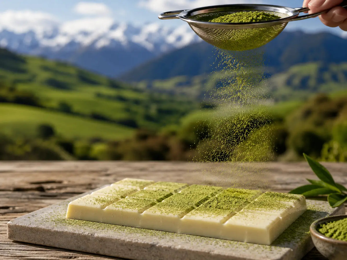 Matcha powder being sifted on to a white chocolate bar