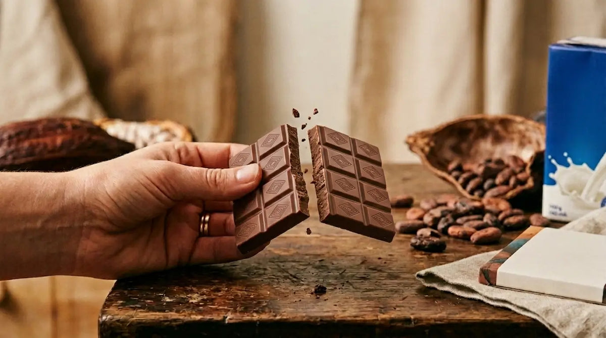 a hand breaking a wayne raven dark milk chocolate bar