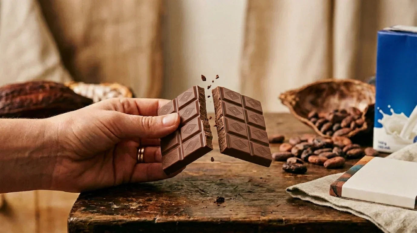 a hand breaking a wayne raven dark milk chocolate bar