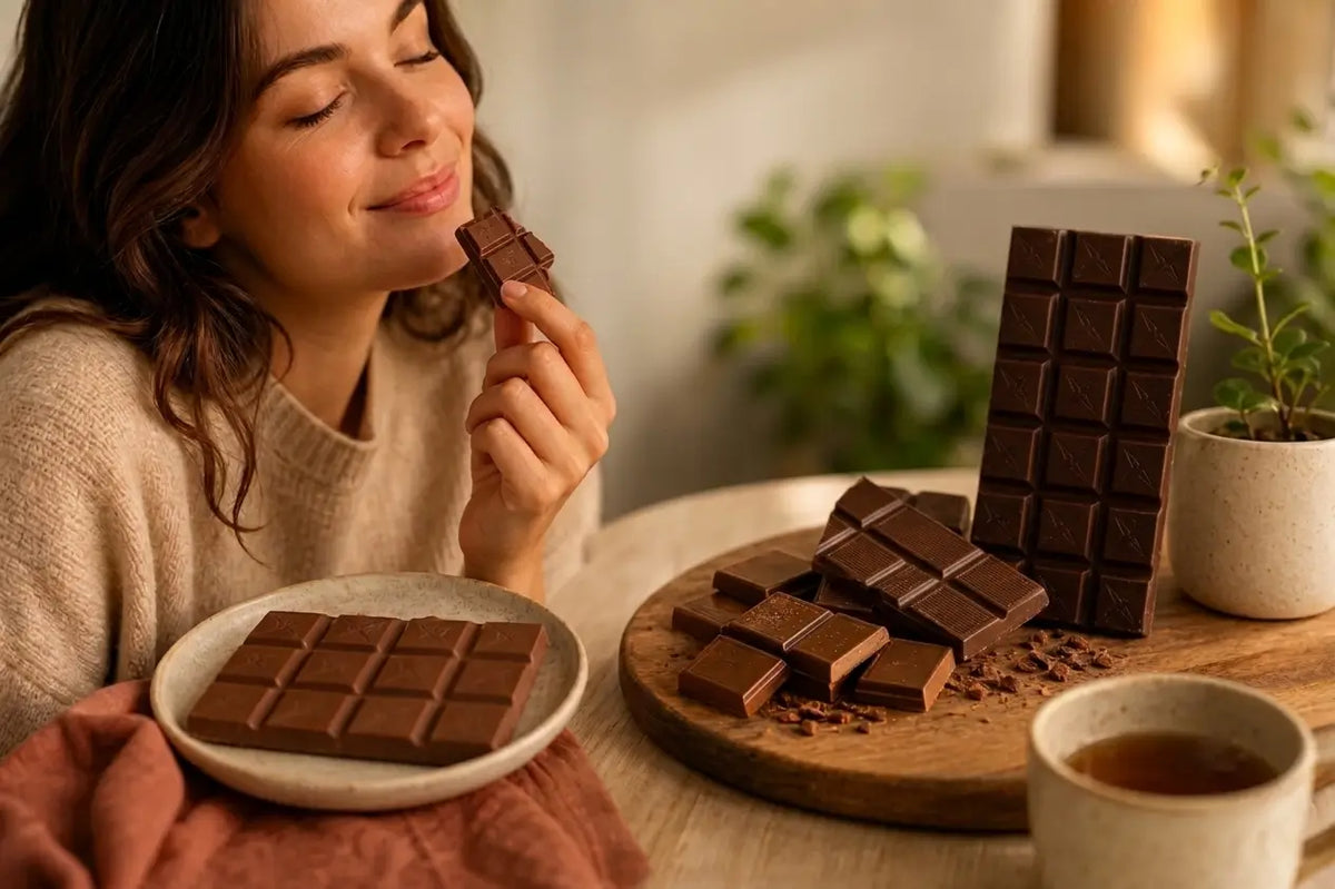 A young women eating low sugar milk chocolate