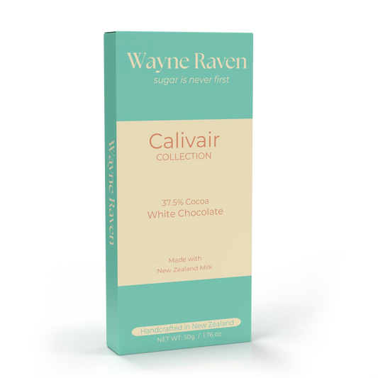 A Wayne Raven New Zealand white chocolate bar in packaging