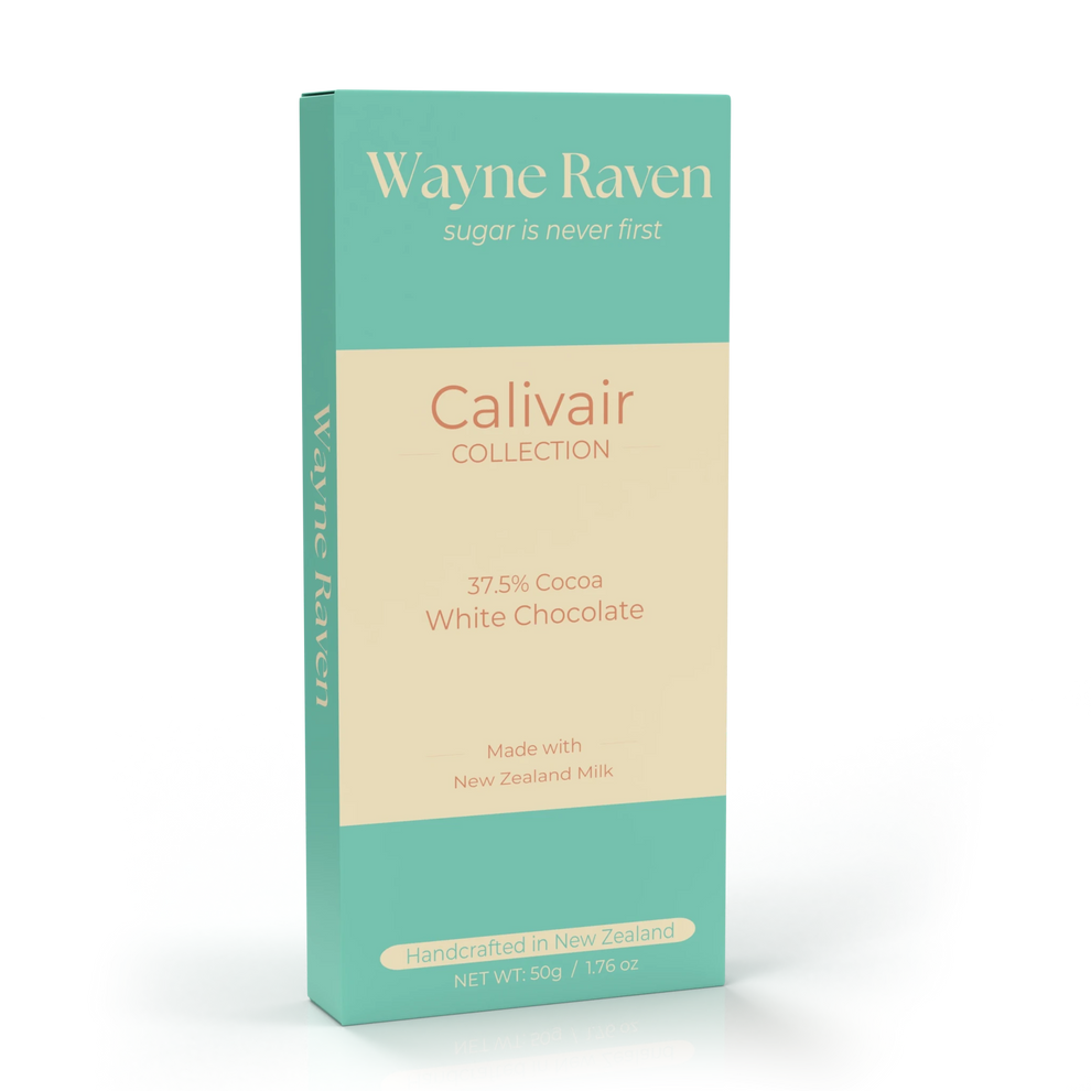 A Wayne Raven New Zealand white chocolate bar in packaging