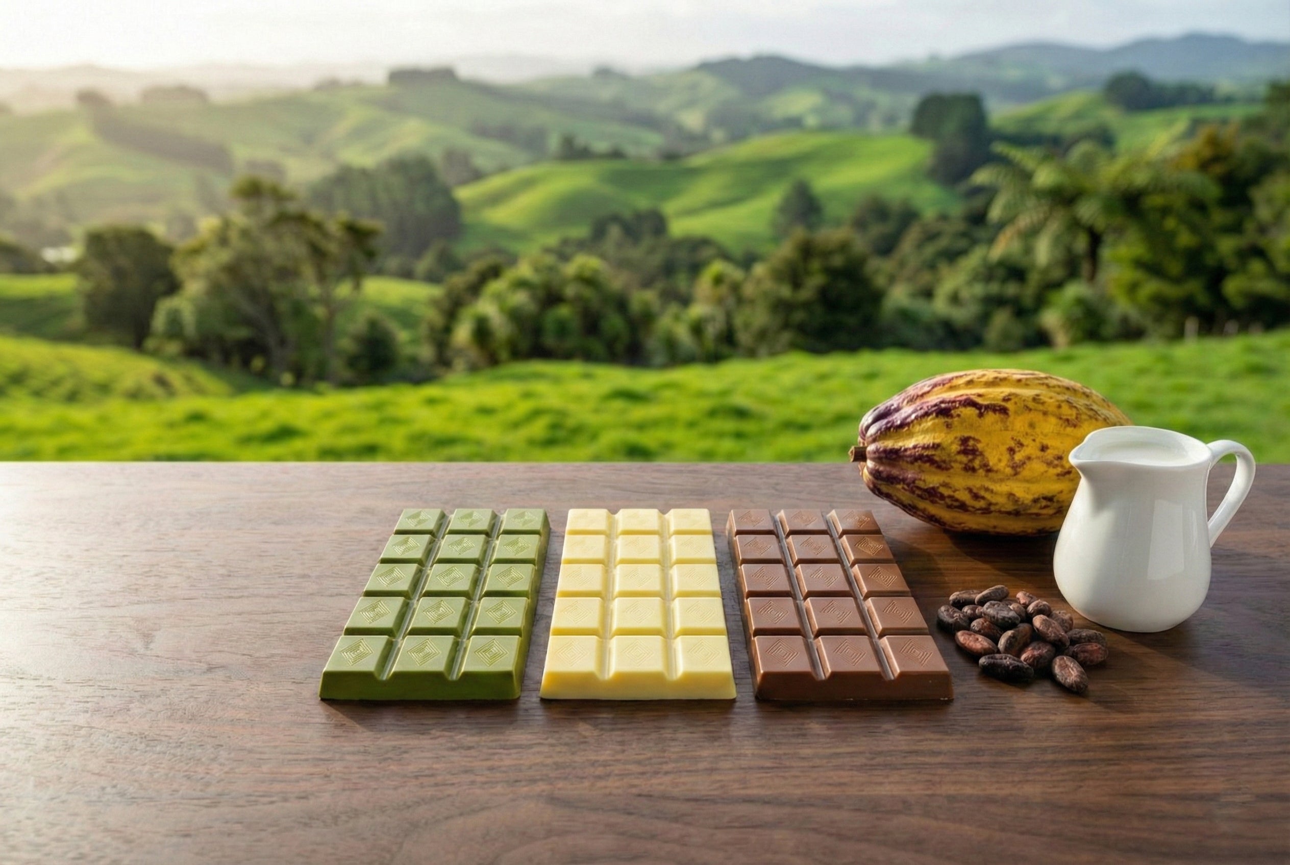 New Zealand chocolate bars in matcha, white, and dark milk styles on a wooden table with green hills behind