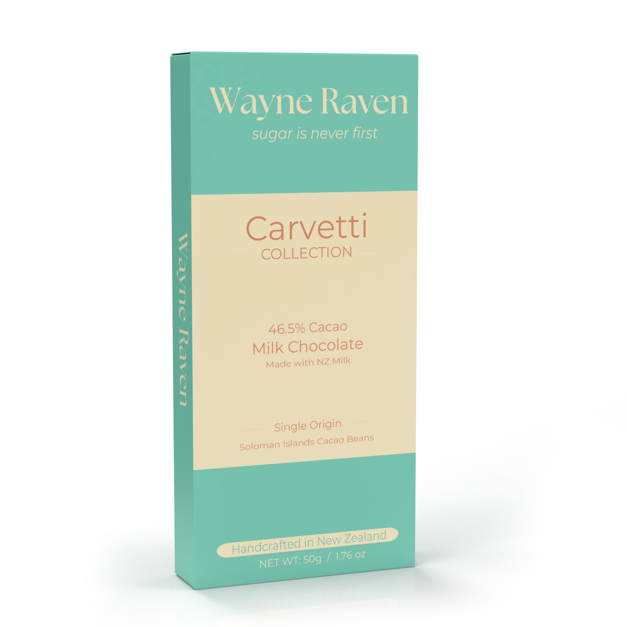 Packaged Wayne Raven 46.5% Cacao Dark Milk Chocolate bar close up