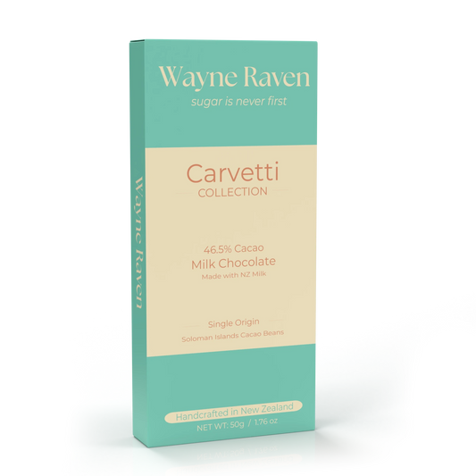 Packaged Wayne Raven 46.5% Cacao Dark Milk Chocolate bar close up