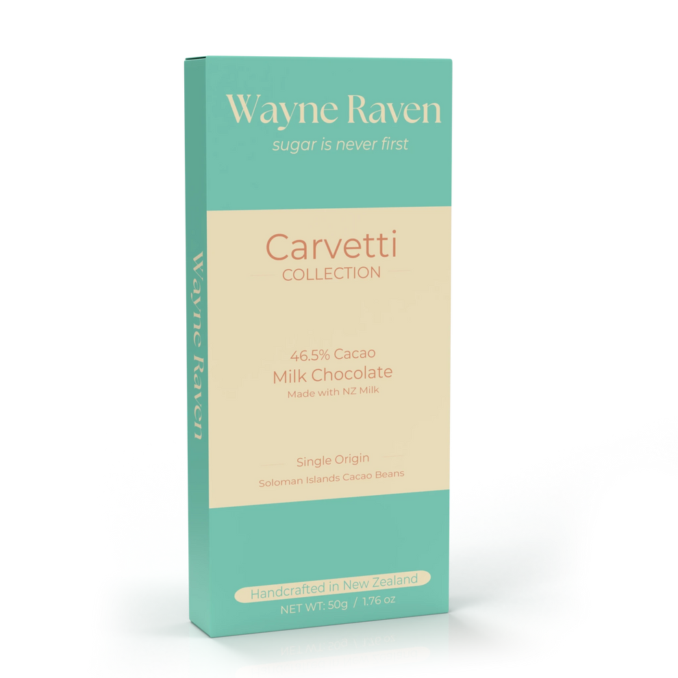 Packaged Wayne Raven 46.5% Cacao Dark Milk Chocolate bar close up