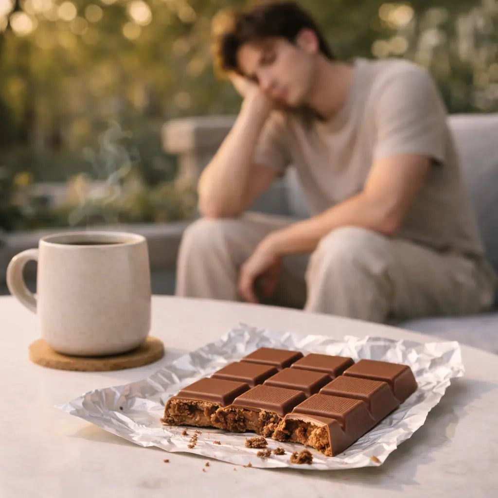 Person sitting outside very unhappy with overly sweet chocolate bar left on table.