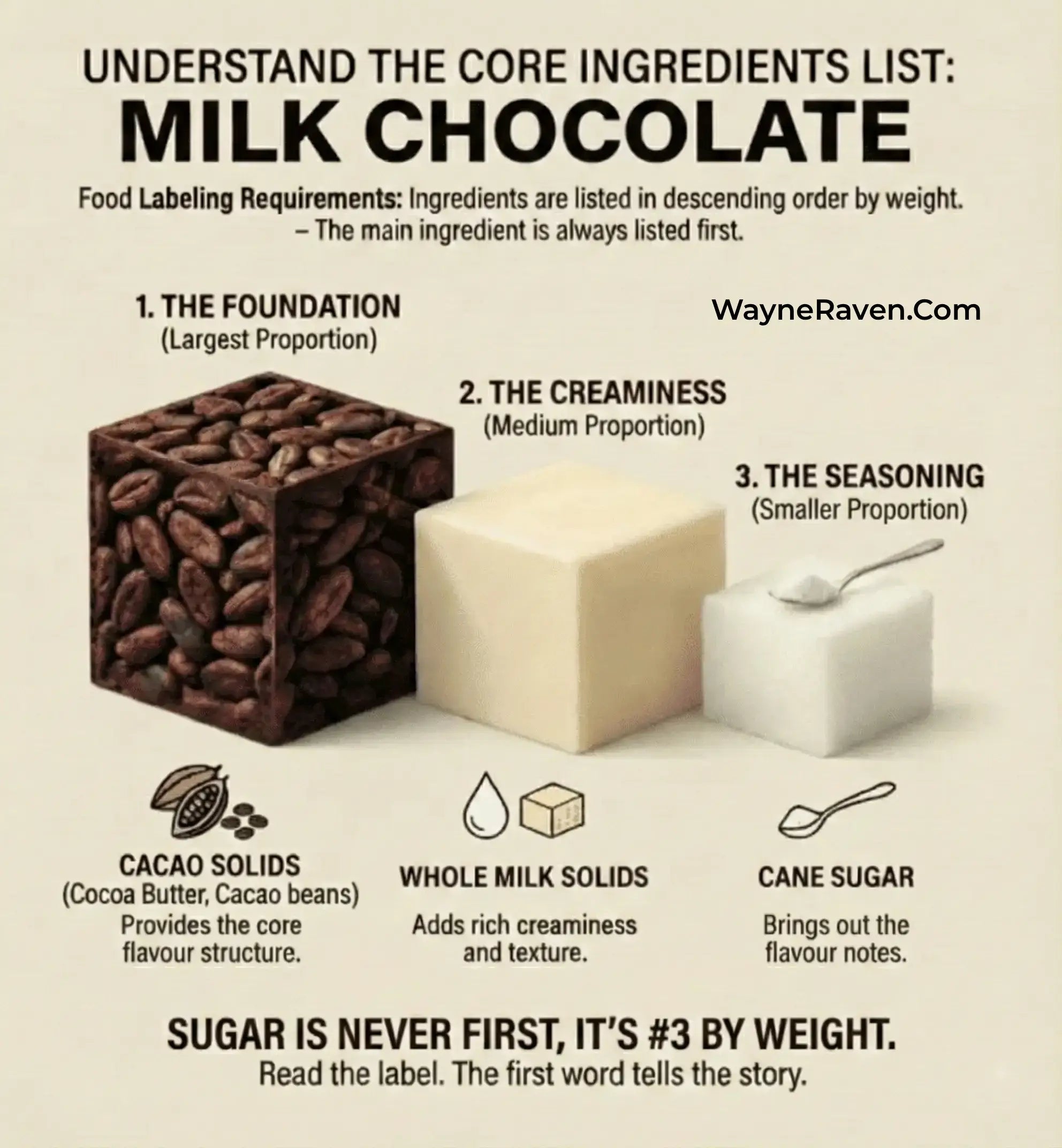 Wayne Ravens core ingredient guide showing cacao solids, milk solids, and cane sugar as the third ingredient