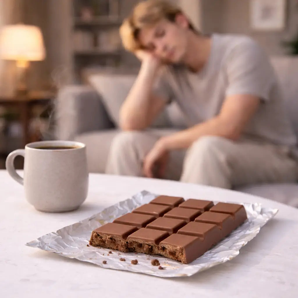 Guy feeling sick after eating sugary milk chocolate bar on the countertop