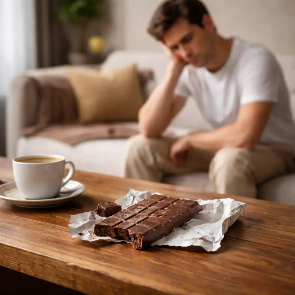 Man disappointed with a chocolate bar  before choosing more balanced New Zealand chocolate