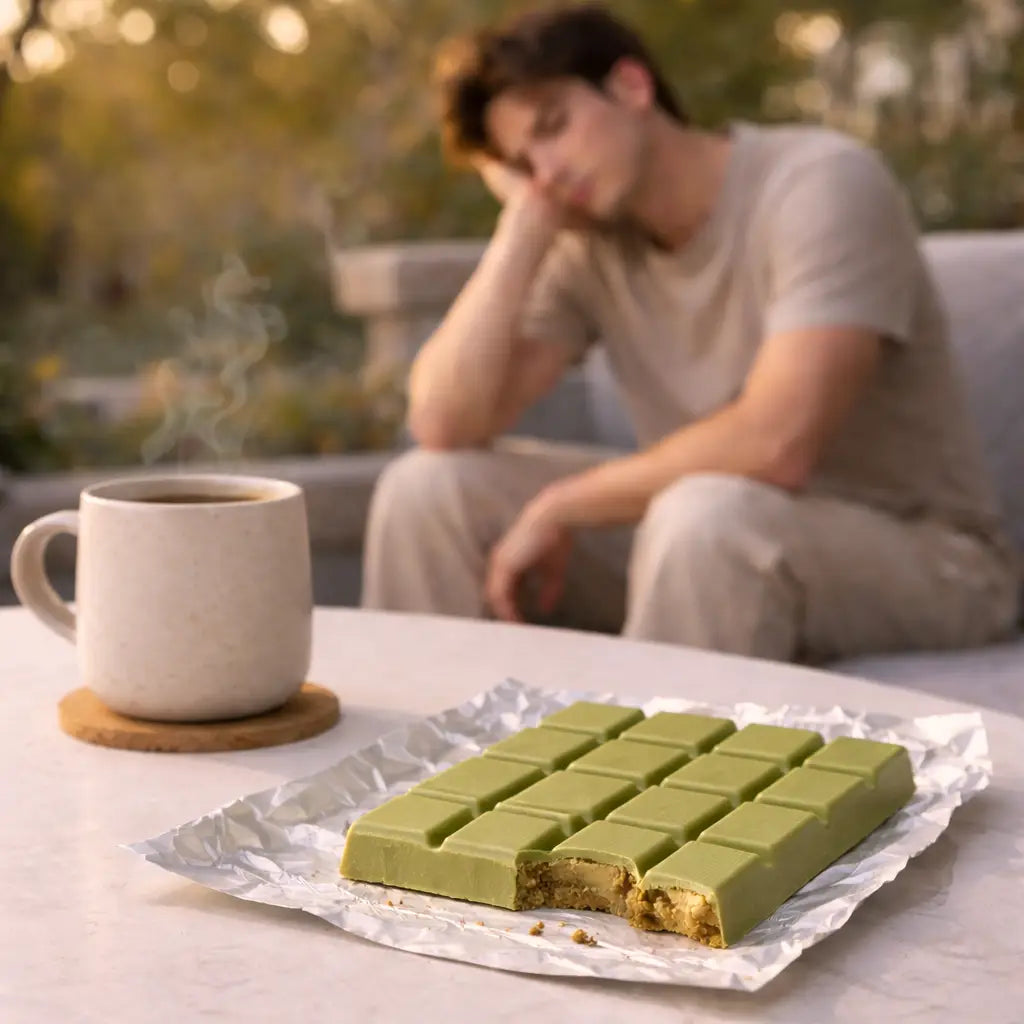 Man sitting outdoors with a mug of hot green chocolate and an, overly sweet chocolate bar on a table