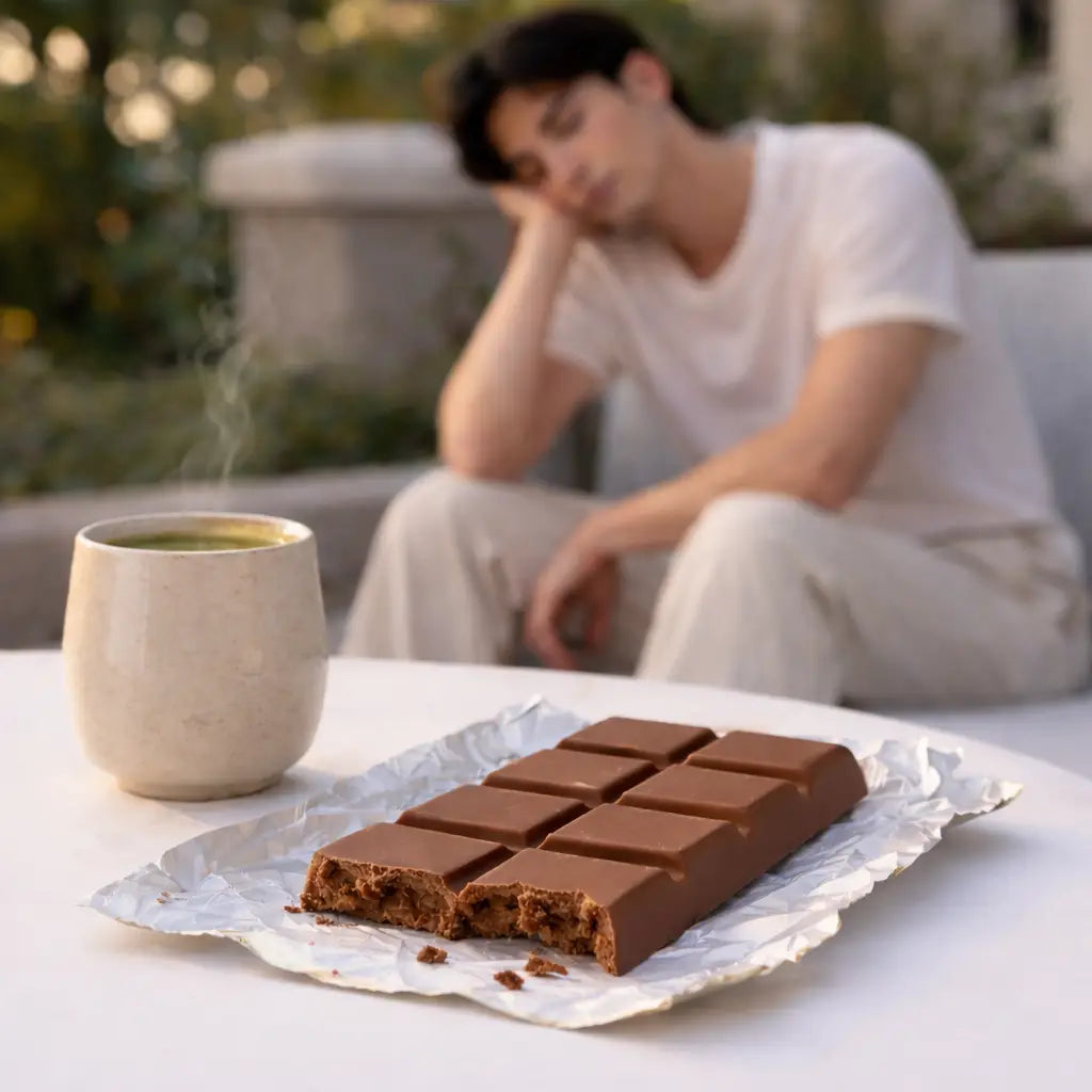 A man feeling let down beside a sugar-led milk chocolate bar