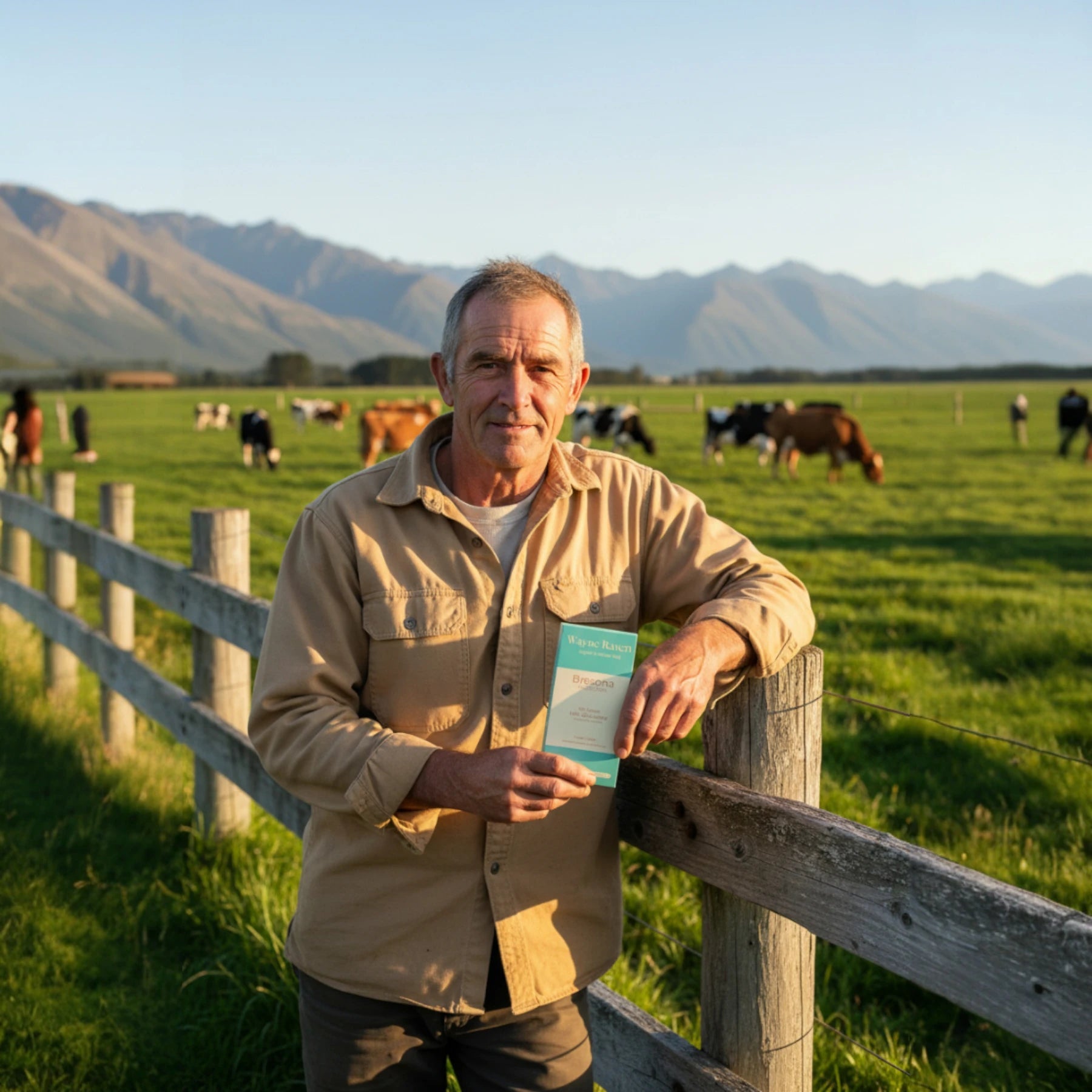 A happy dairy farmer customer holding his favourite New Zealand milk chocolate bar in the alpines