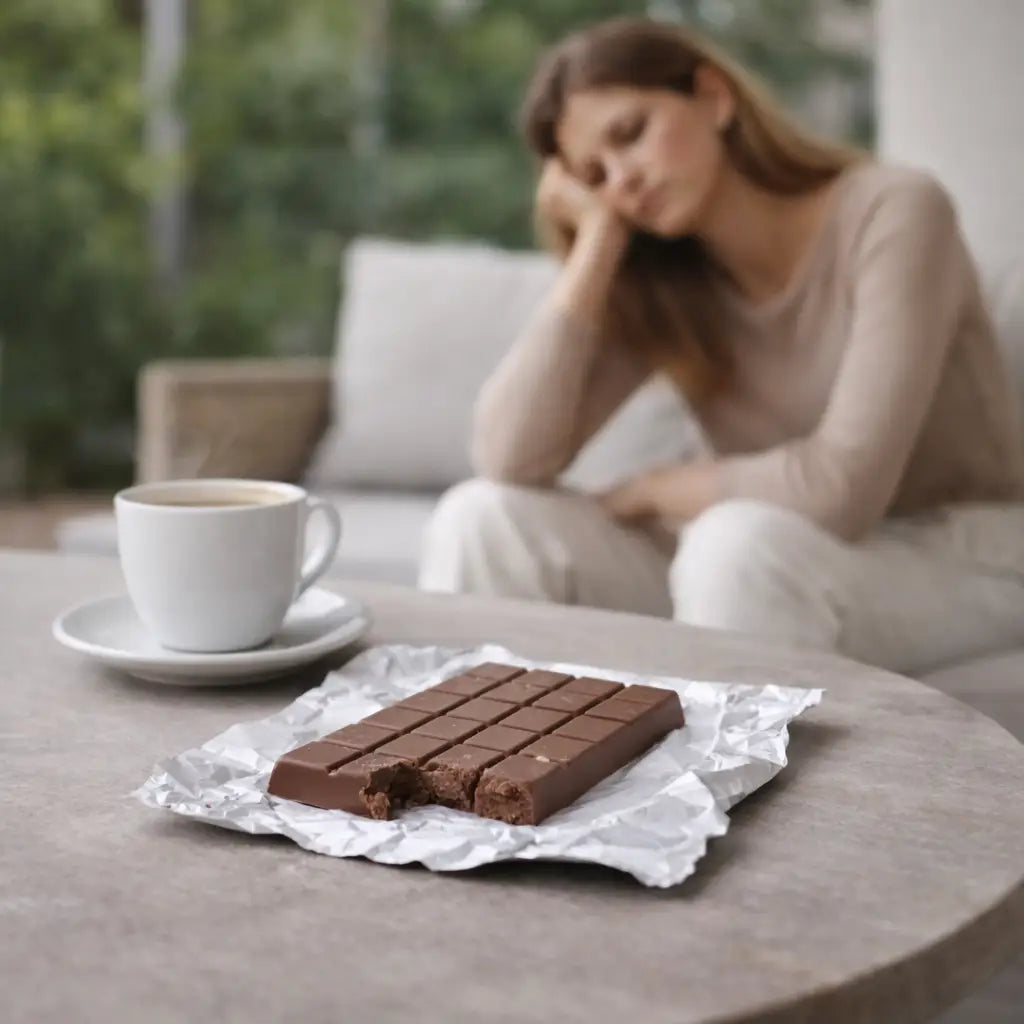 Woman sitting on a couch with an overly sweet milk chocolate