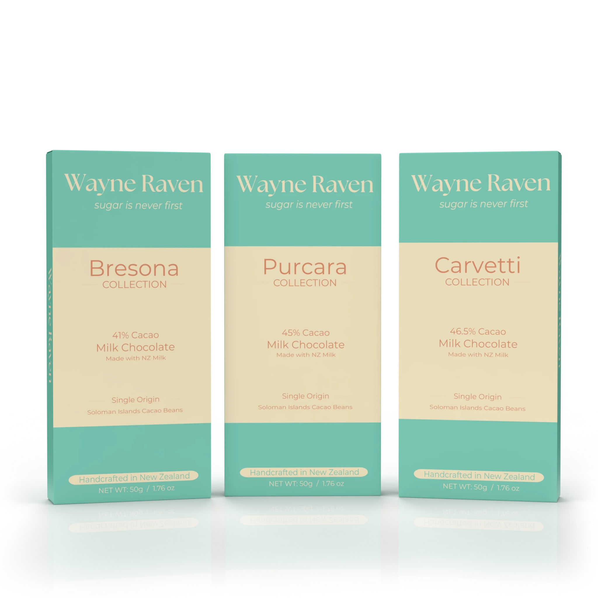 Three Wayne Raven milk chocolate gift box showing bersona, purcara, and carvetti chocolate bars