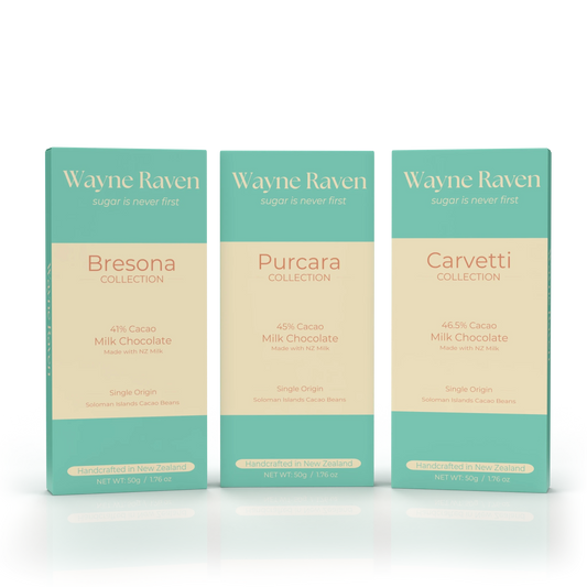 Three Wayne Raven milk chocolate gift box showing bersona, purcara, and carvetti chocolate bars