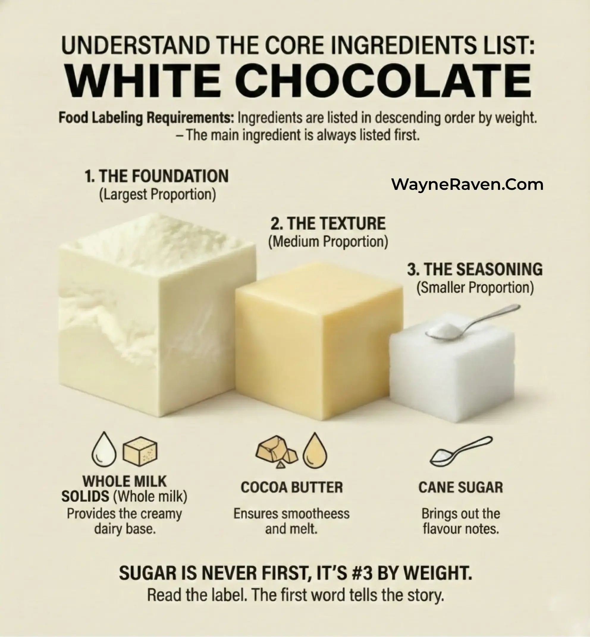 Wayne Ravens core ingredient guide showing, milk solids, cocoa butter, and cane sugar as third ingredient