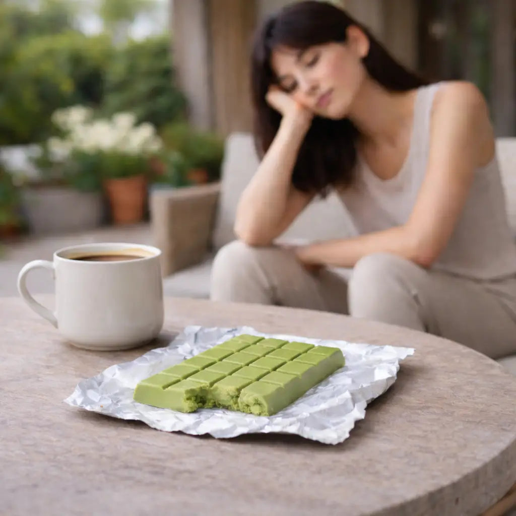 Woman feeling disappointed after eating a sugar heavy matcha white chocolate bar 