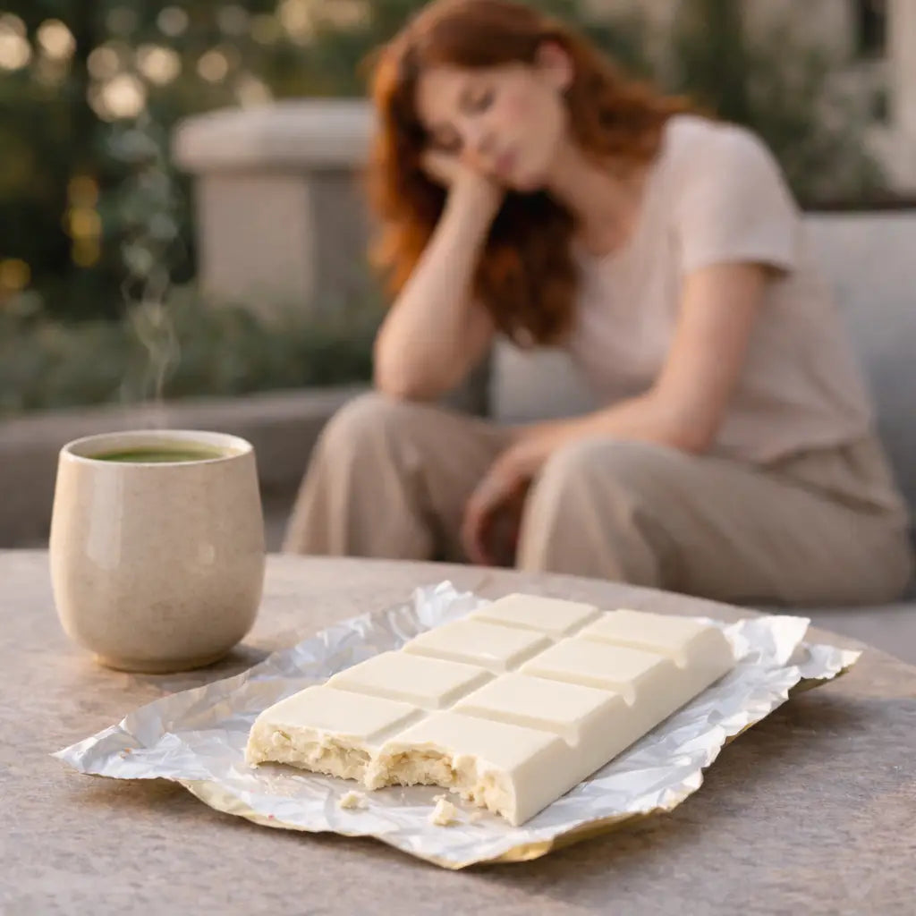 Woman feeling disappointed beside a white sugar heavy chocolate bar in an out door setting