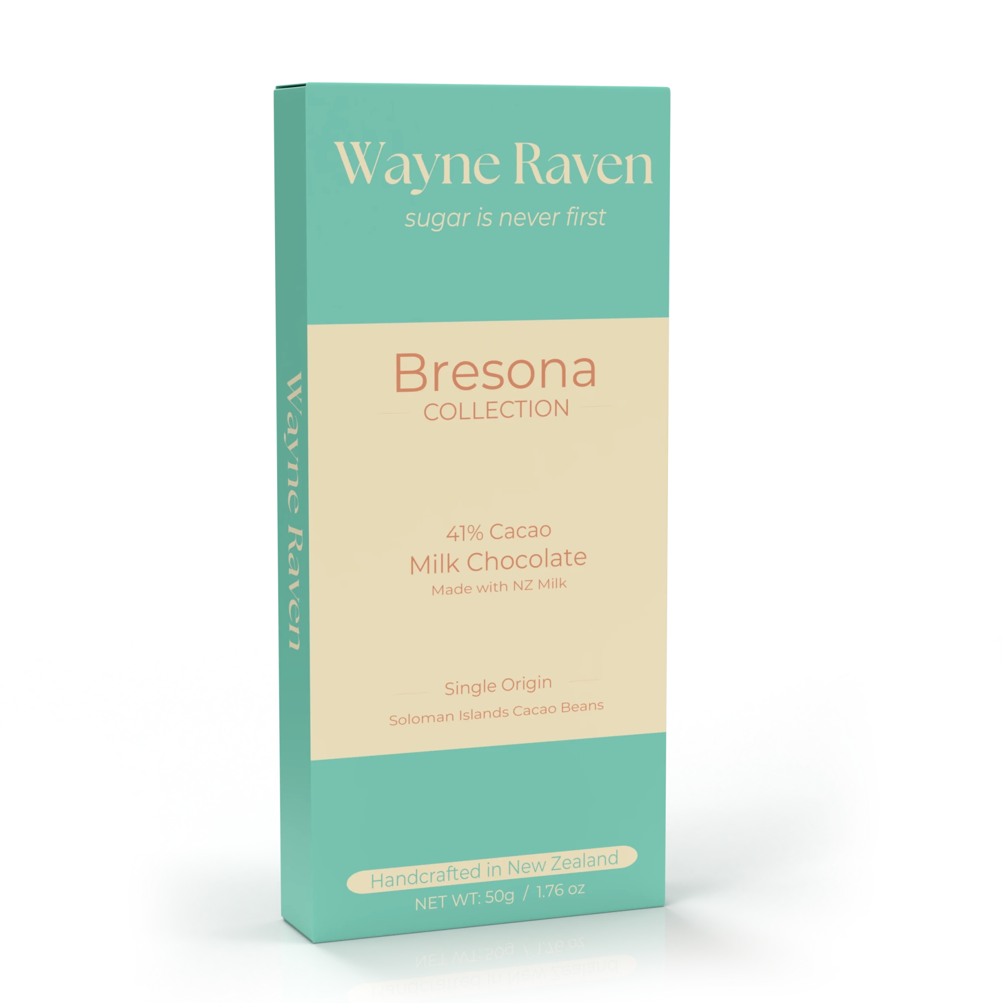 Bresona 41% cacao New Zealand milk chocolate bar in Wayne Raven packaging