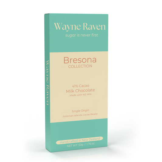Bresona 41% cacao New Zealand milk chocolate bar in Wayne Raven packaging
