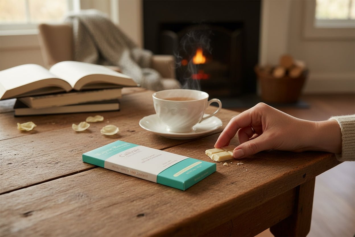 A person's hand reaching for Wayne Raven's New Zealand white chocolate
