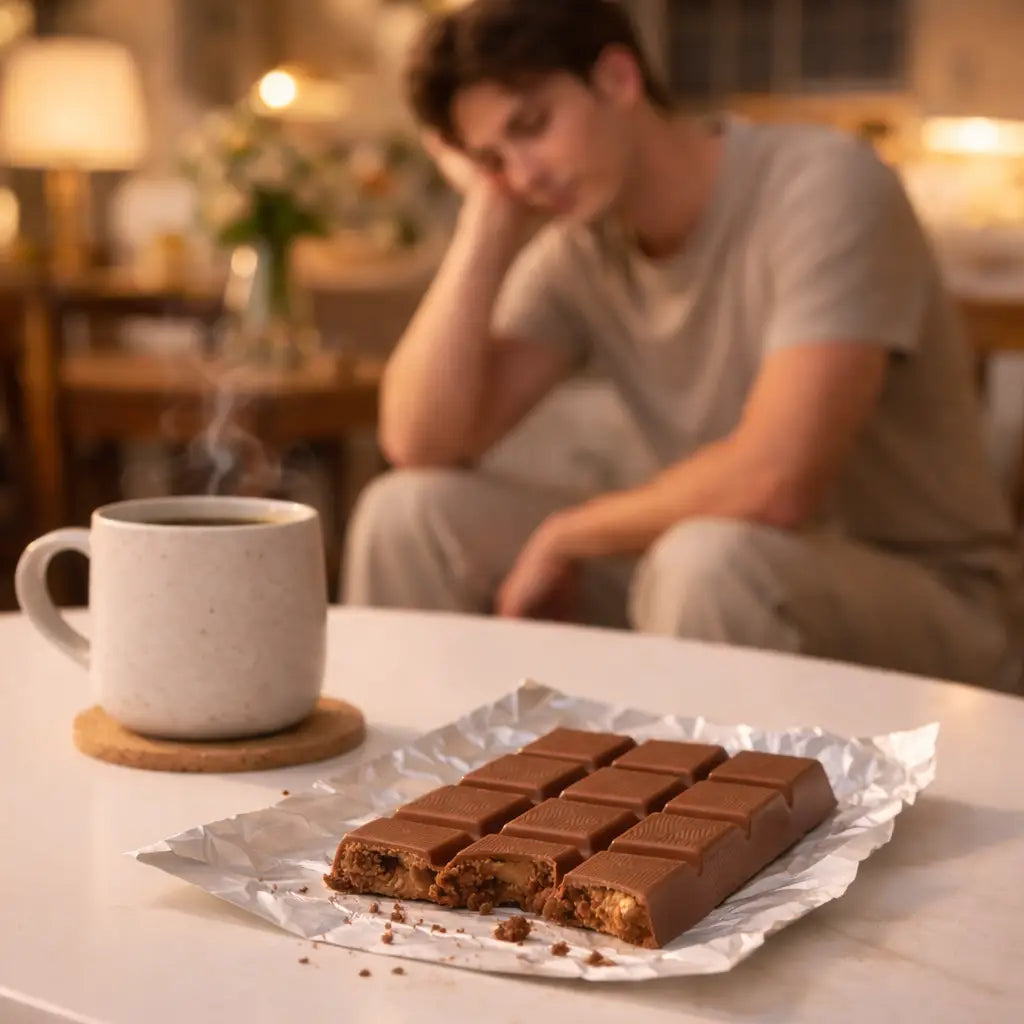 Man feeling disappointed beside a chocolate bar before choosing Wayne Raven chocolate gifts