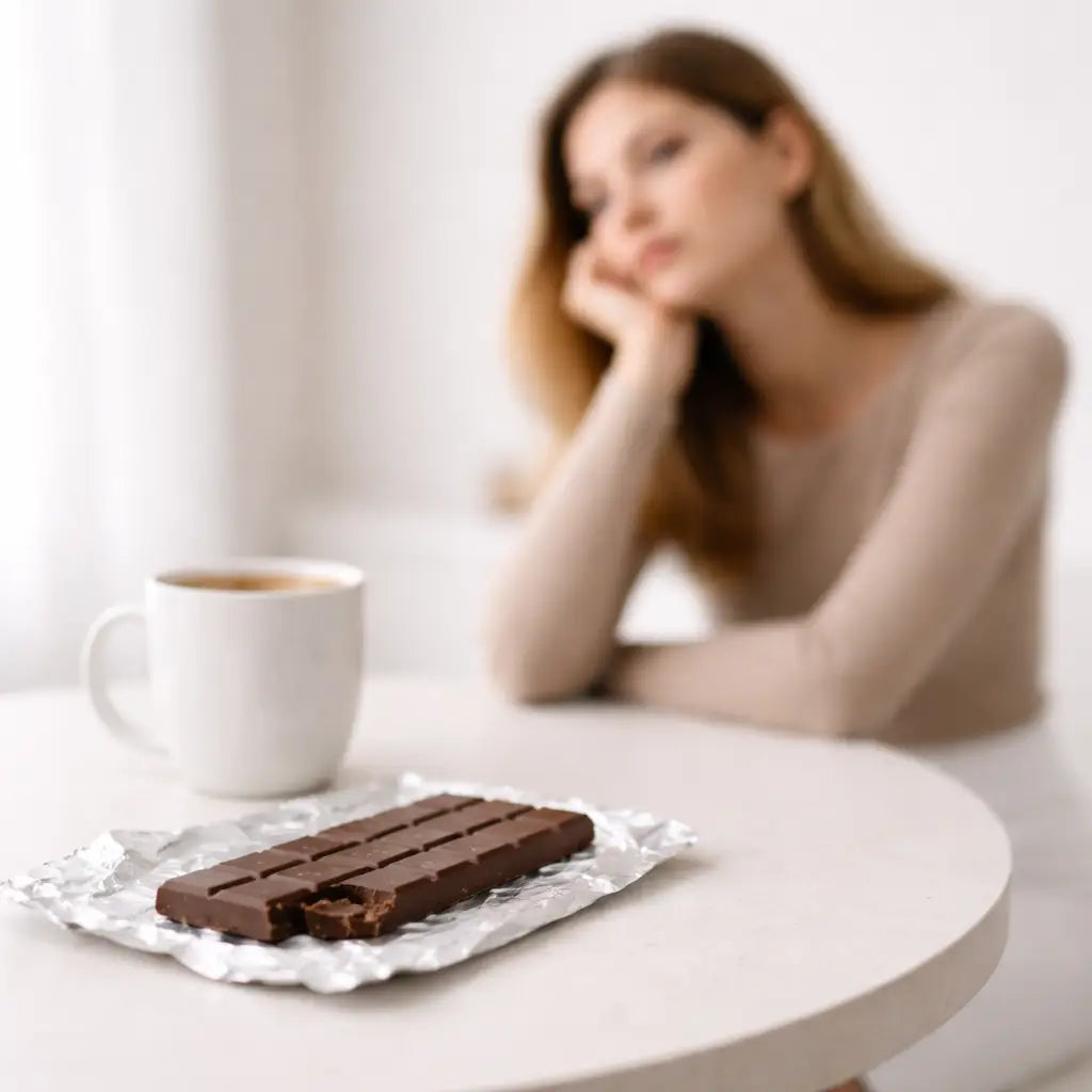 A woman sitting at a table with a yucky chocolate bar looks unhappy