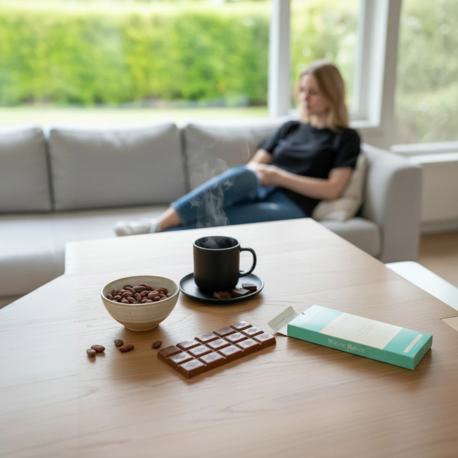 A Wayne Raven milk chocolate bar placed on the kitchen counter top
