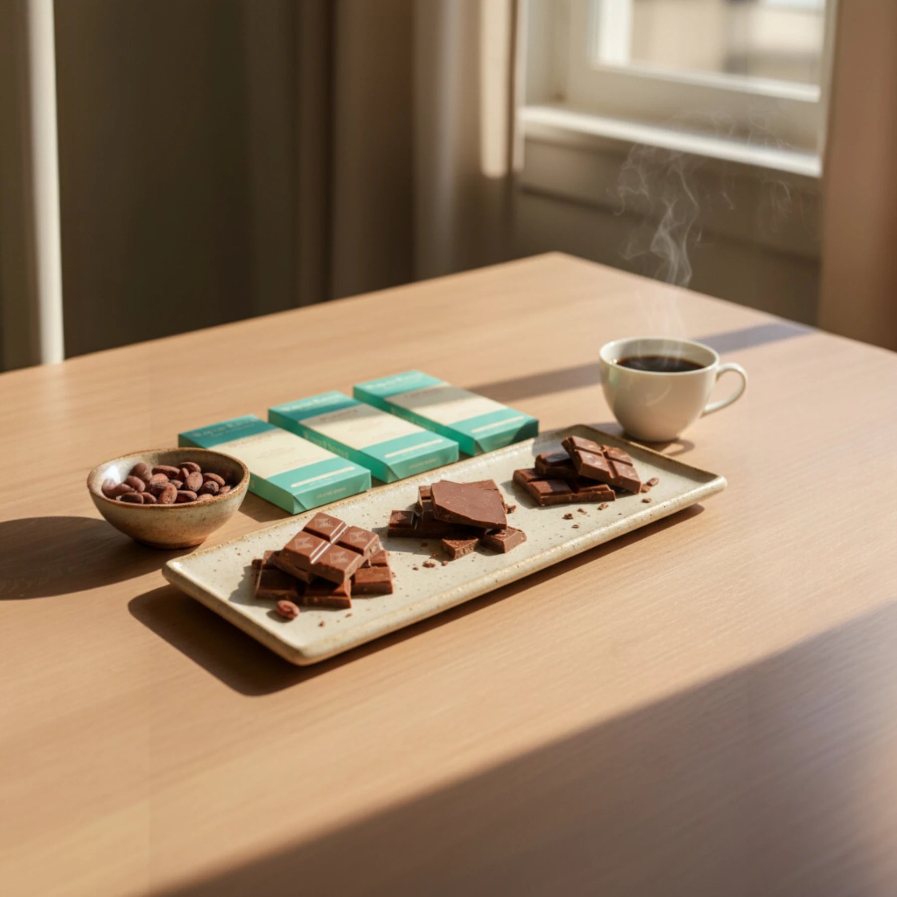 close up of Wayne Raven Milk Chocolate Gift box, broken pieces of chocolate on a platter