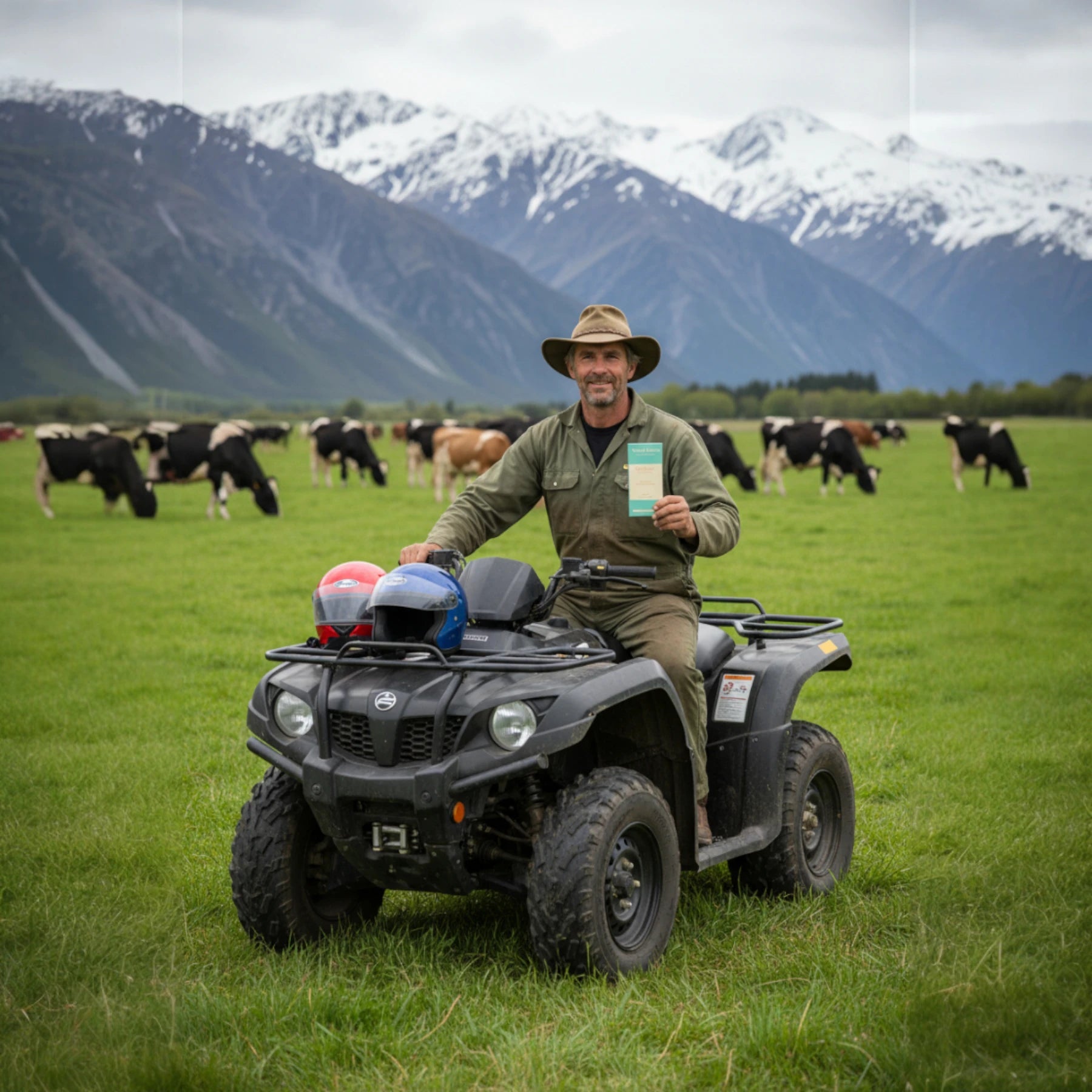 A happy dairy farmer on a quad bike holding Wayne Raven's white chocolate bar in an alpine setting