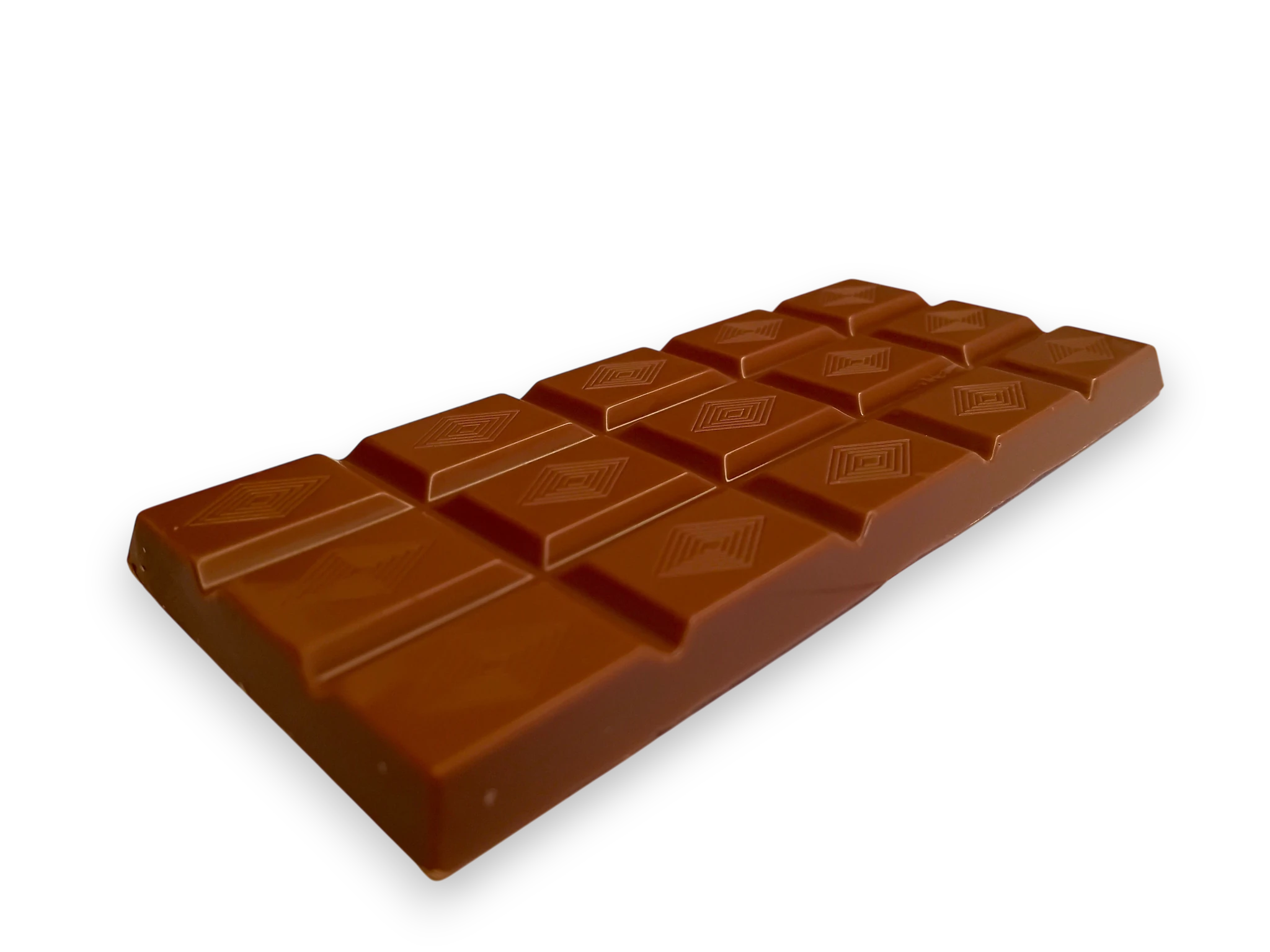 Close view of a darker milk chocolate bar with diamond shaped patterns on top