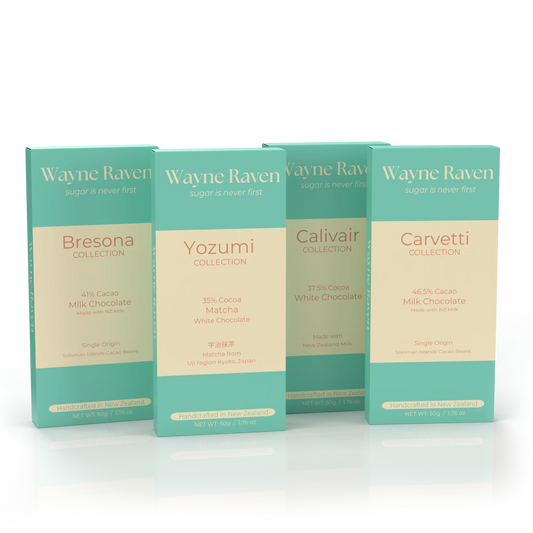 Close view of the quartet chocolate gifts set by Wayne Raven chocolate