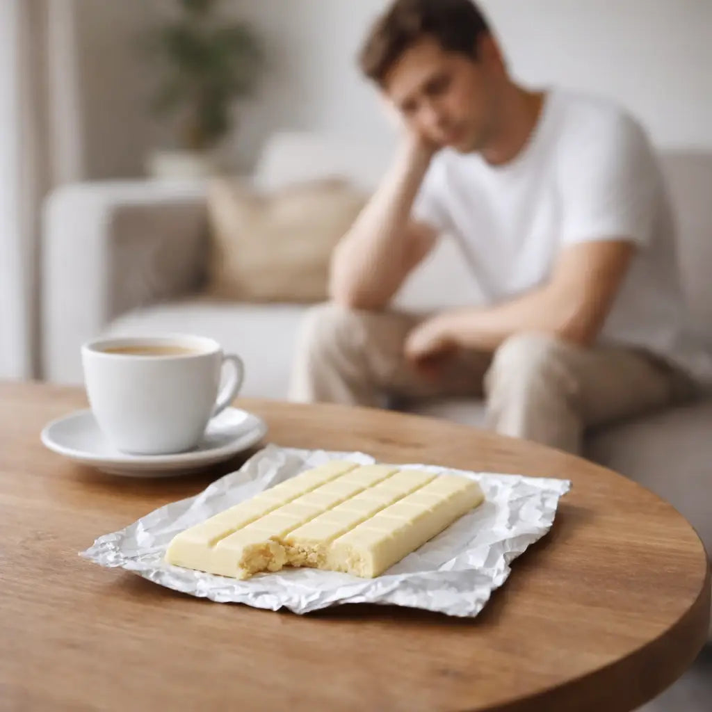 A man sitting on a couch with a bar of sugary white chocolate, unhappy with his choice