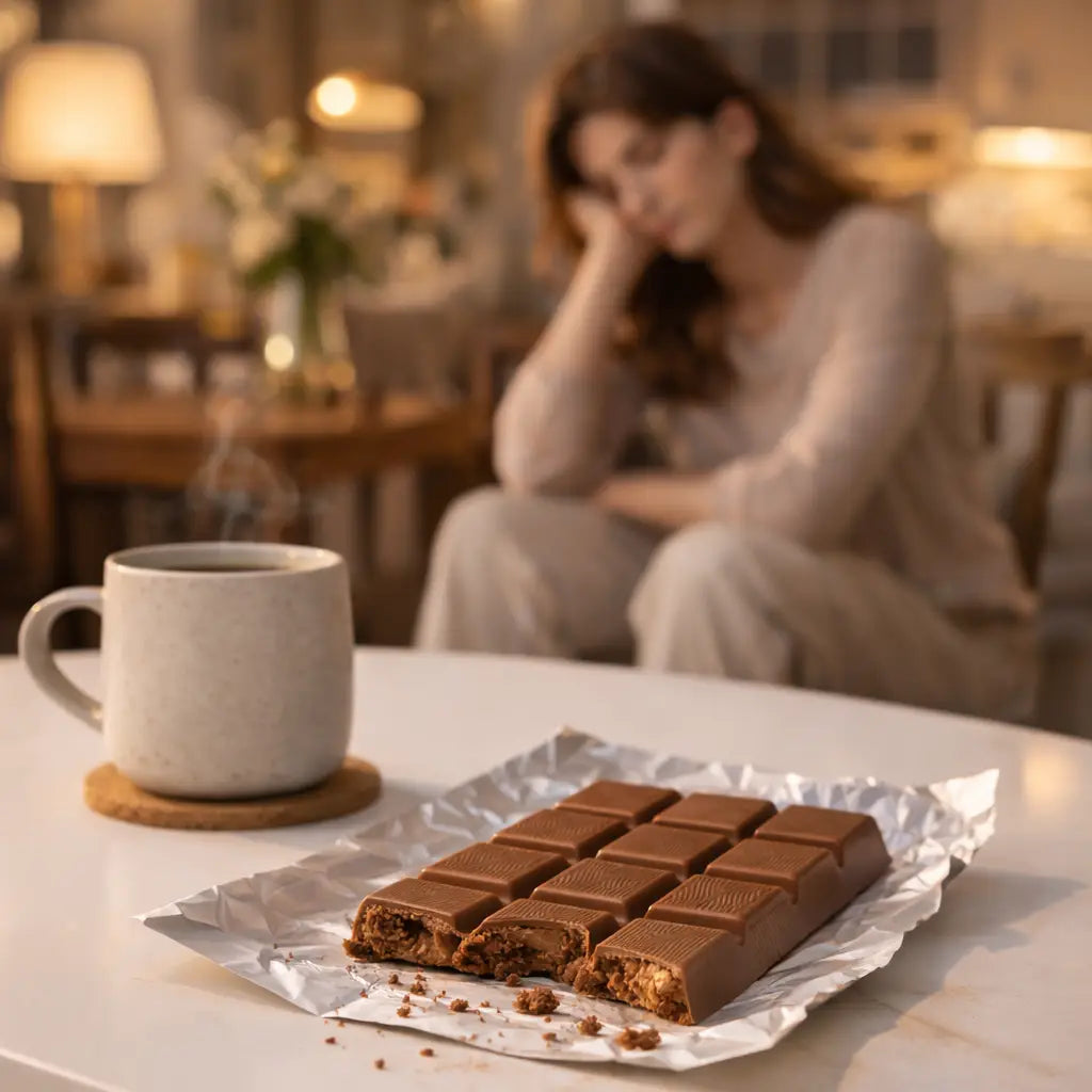 Woman feeling disappointed beside a very sweet chocolate bar sitting on the table